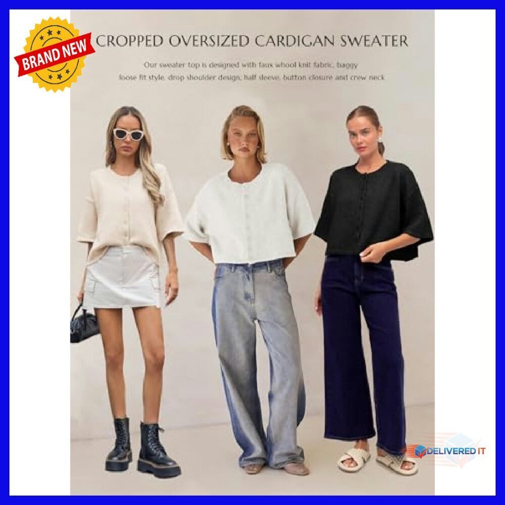 3/4 Sleeve Cropped Cardigan Sweater Button Down Crewneck Knit Top - Picture 7 of 8